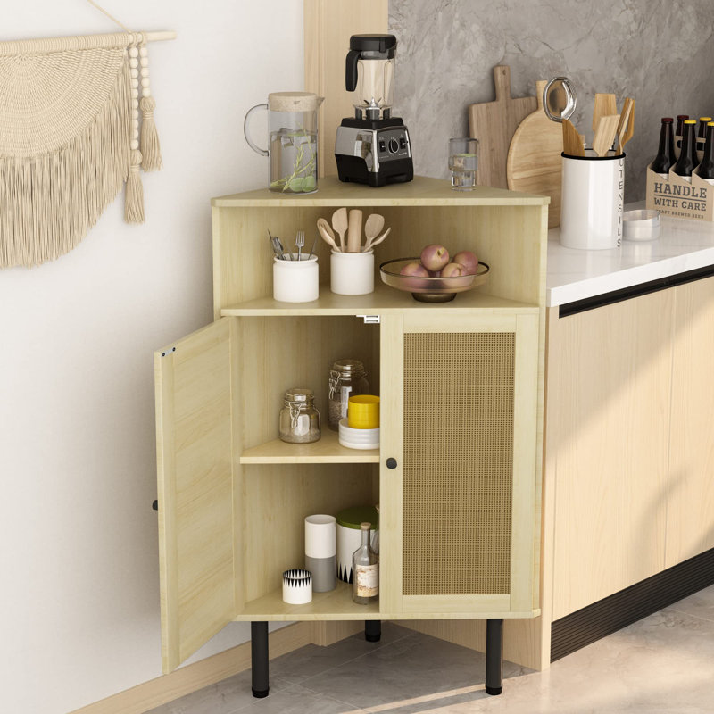 Bay Isle Home 4 Tier Corner Cabinet With Doors Shelves Rattan Freestanding Bar Storage Cabinet Corner Table For Small Spaces Living Room Kitchen Bathroom Natural Wayfair